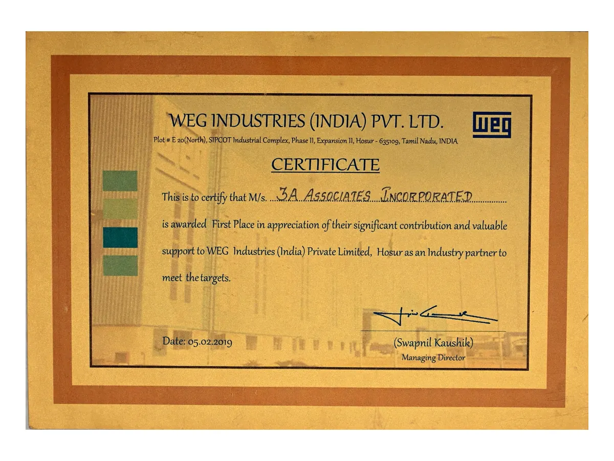 WEG Industries Recognition 2019 WEG Industries India First Place recognition awarded to 3A Associates in 2019