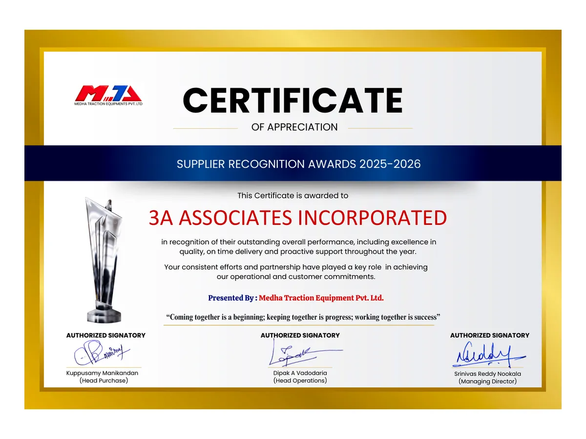 Medha Supplier Recognition Award 2025–26 Medha Traction Equipment Supplier Recognition Award 2025–26 presented to 3A Associates